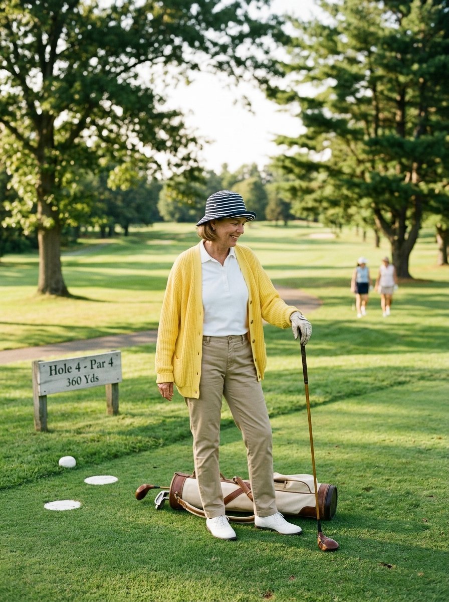Senior woman in a blue striped hat standing on a golf course next to her vintage golf bag and wooden club.
