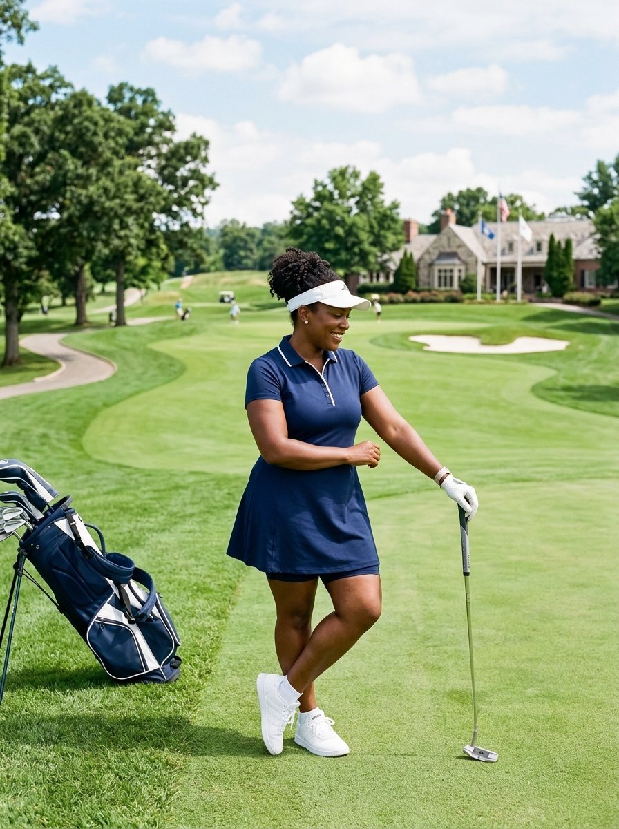 A woman in a navy athletic dress standing on a golf course with her clubs nearby.