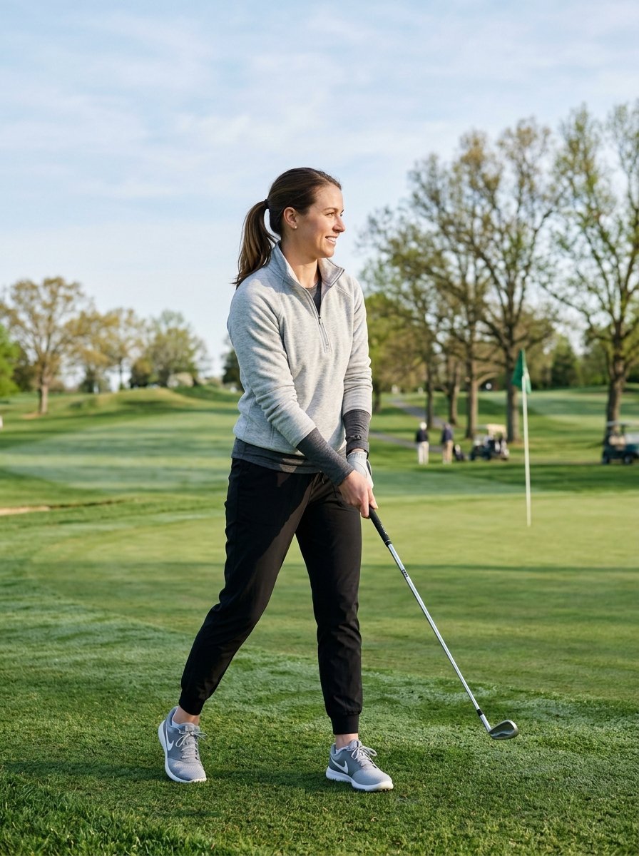 A woman in a grey pullover and black joggers practicing her golf swing on a sunny green course.