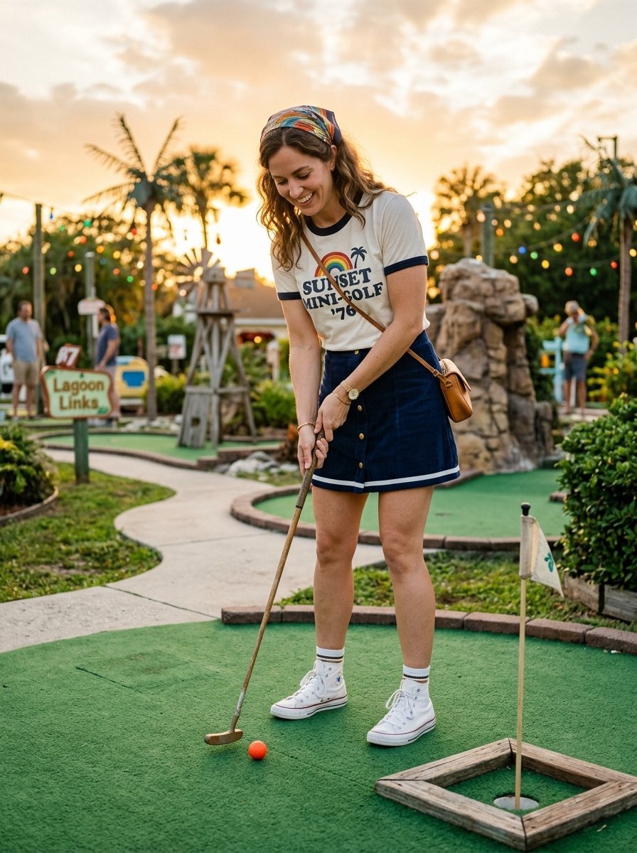 A woman wearing a vintage tee shirt and skirt putting an orange golf ball on a miniature golf green.