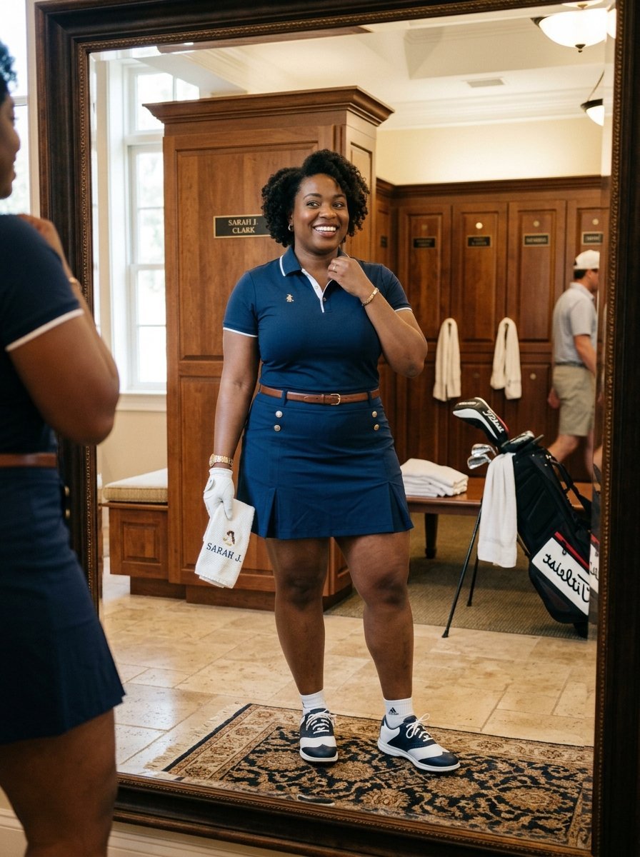 A smiling Black woman wearing a navy polo and skirt looks at her reflection in a large wooden locker room mirror.