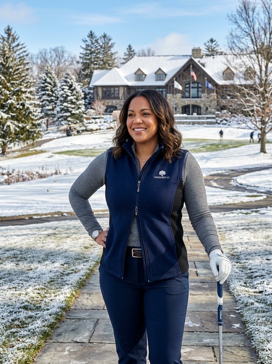 A woman wearing a navy vest standing on a stone path at a snow-covered Oakhurst Country Club.