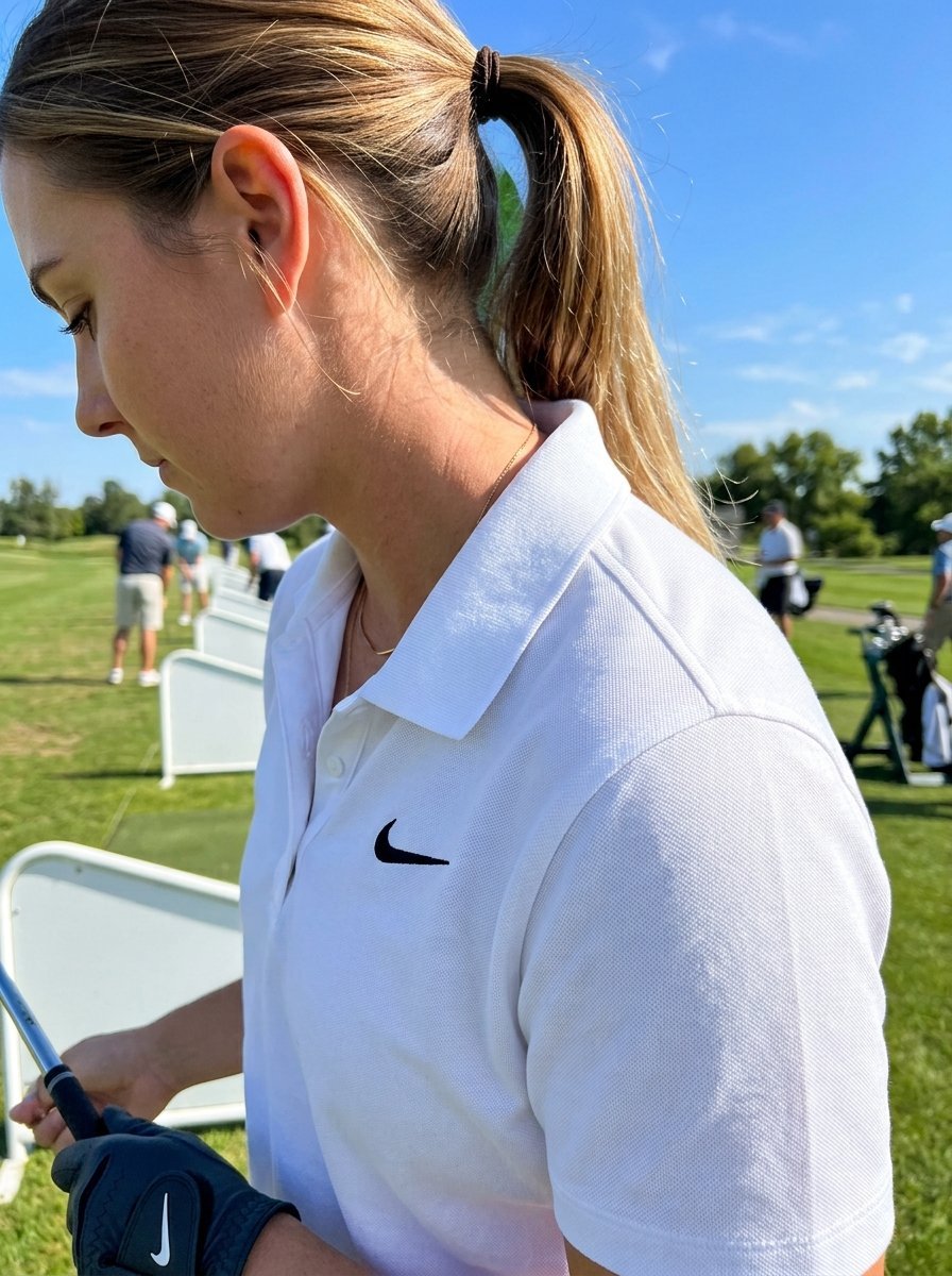 Close up of a blonde golfer in a white Nike shirt and black glove holding a club at an outdoor driving range.