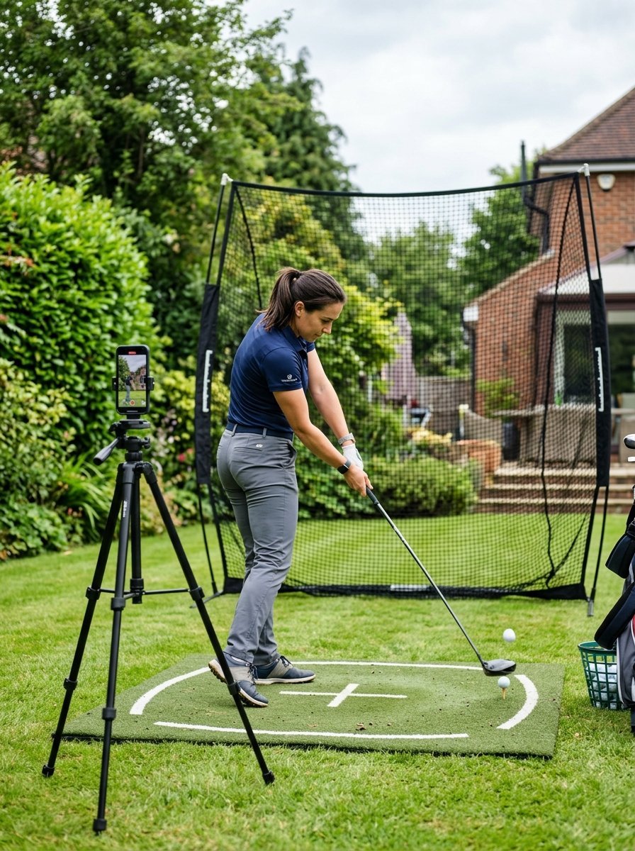 A woman hitting a golf ball into a practice net while filming her form with a smartphone on a tripod.