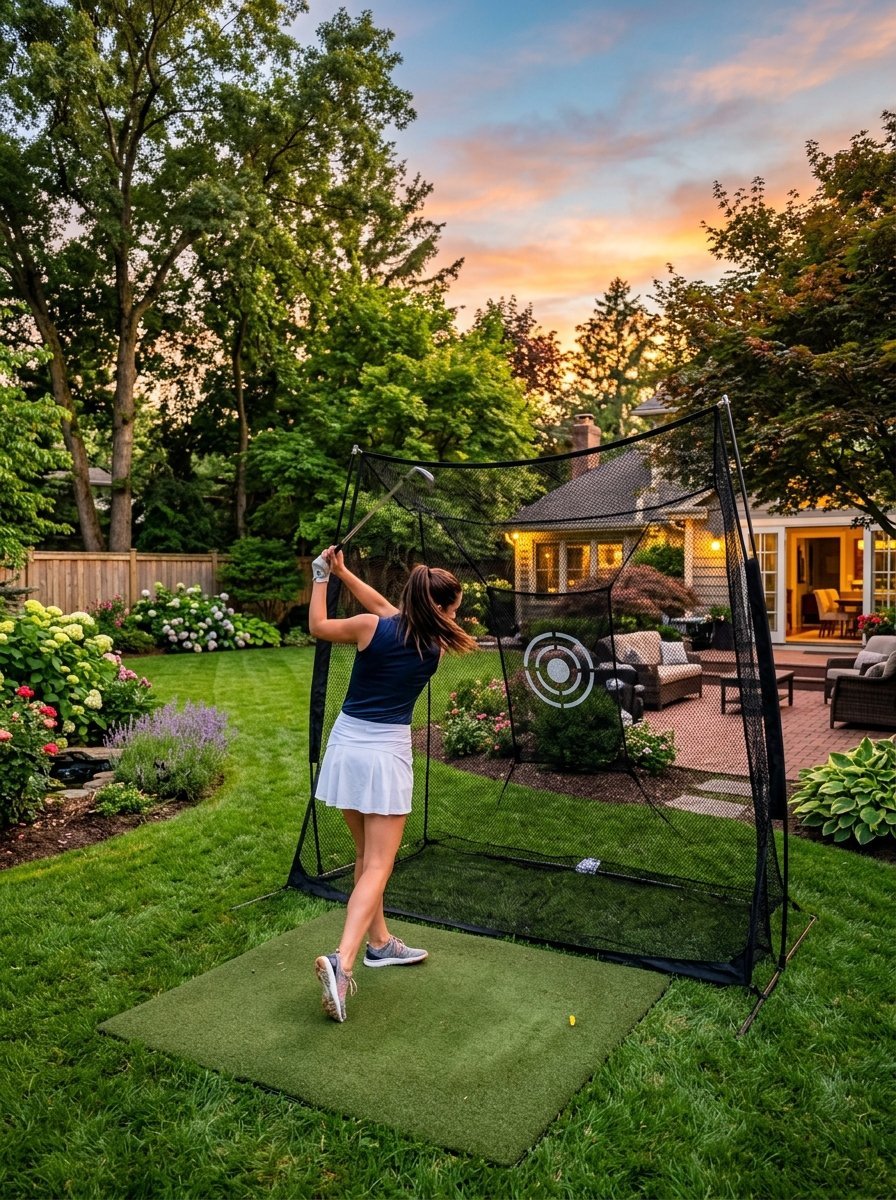 Young woman wearing a tennis skirt practicing her golf swing into a black netting target on a residential lawn.