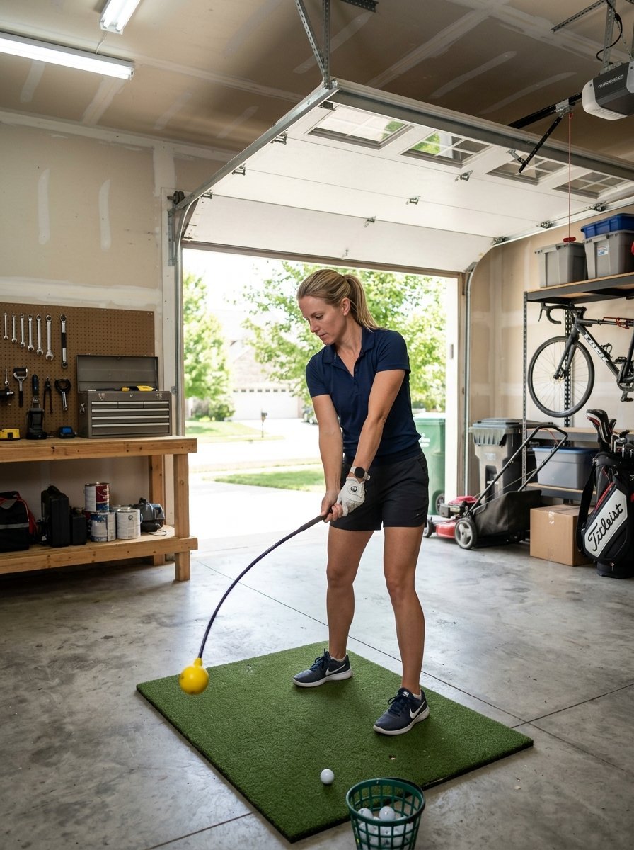 A woman in a navy polo practices her golf swing with a weighted trainer on a green mat inside a garage.
