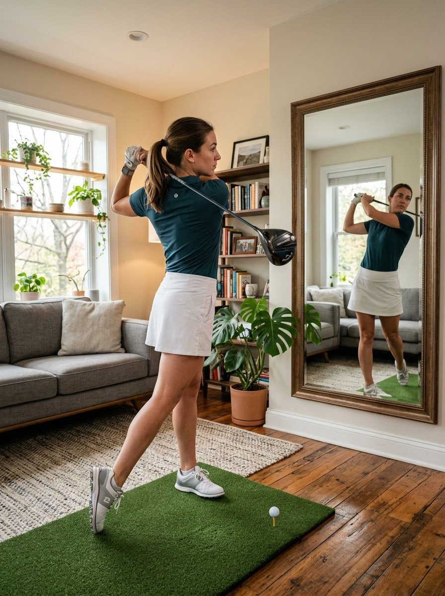 Woman in golf attire swings a driver while standing on a small artificial turf mat in her living room.