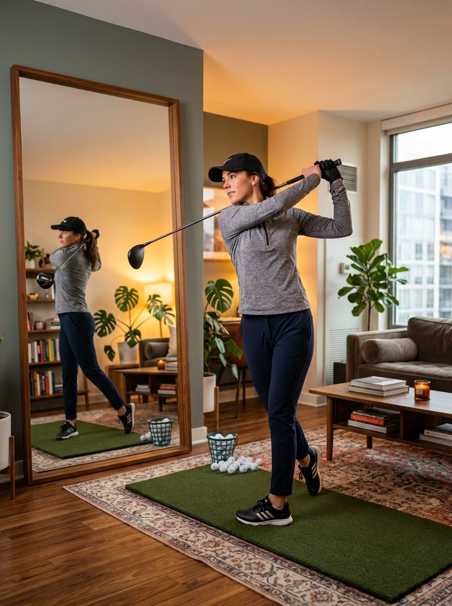 Golfer in a grey long-sleeve shirt swinging a club in front of a full-length mirror