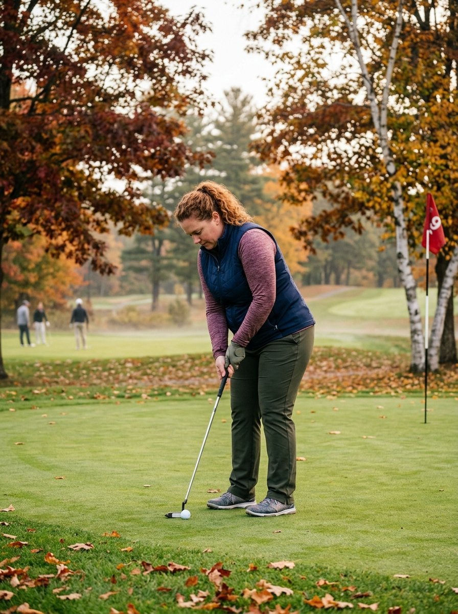 Female golfer wearing a vest and long sleeves preparing to hit a golf ball on a green with fall leaves in the background.