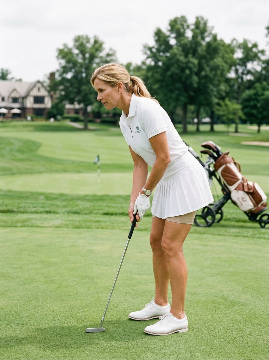 Female golfer in a white pleated skirt and polo shirt lining up a putt on a lush green golf course.