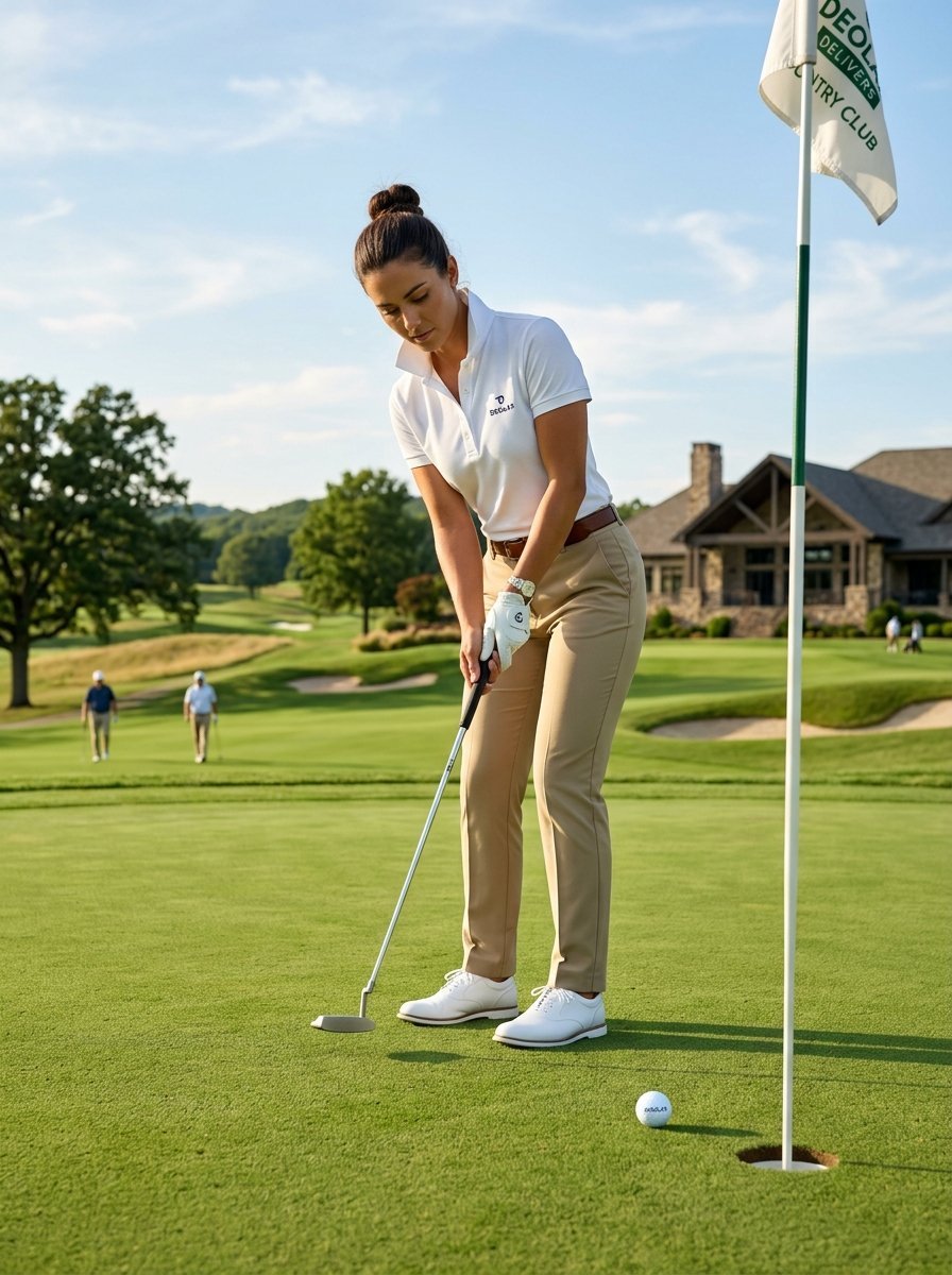 A woman in a white polo and tan pants prepares to putt a golf ball near the hole on a sunny course.