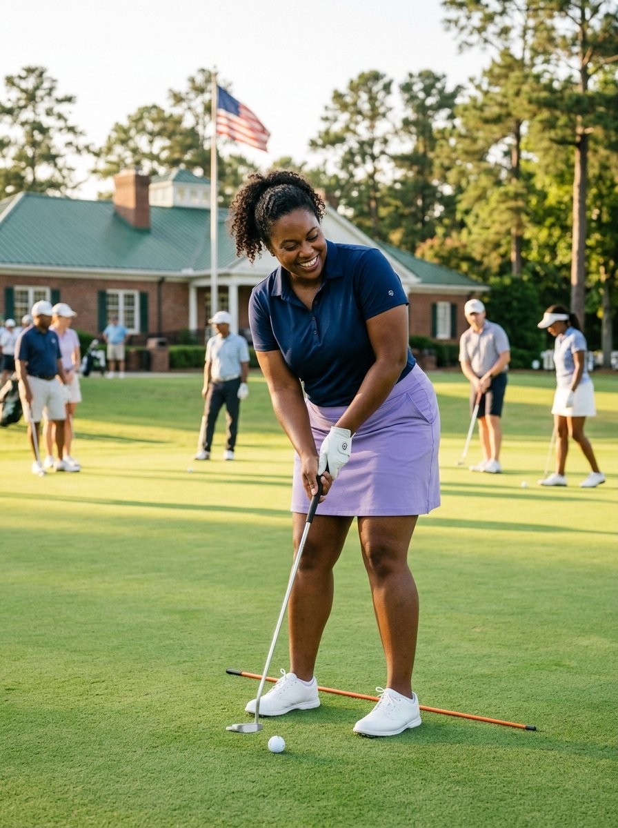 A woman in a blue polo and lavender skirt smiles as she lines up a golf putt on a green with others practicing nearby.