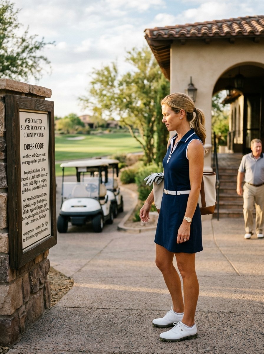 Golfer in a navy blue athletic dress reading the Silver Rock Creek Country Club rules at the entrance.