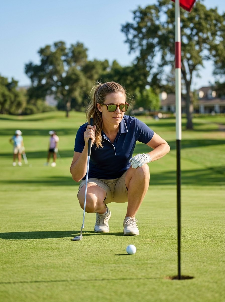 Woman in a navy polo and sunglasses crouches on a golf course to analyze a putt near the hole.