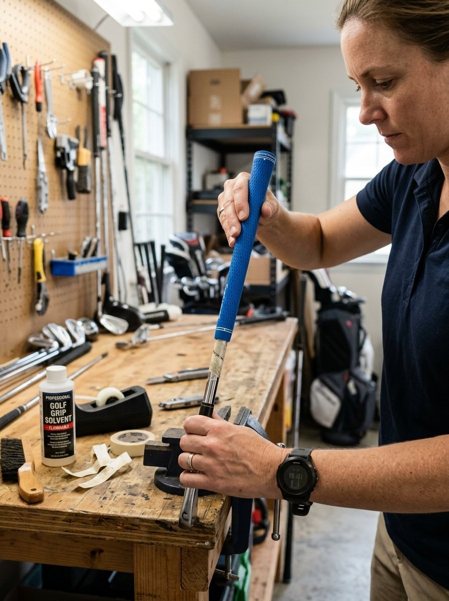 Close-up of a person using a workbench vise to apply a textured blue replacement grip to a golf club shaft.