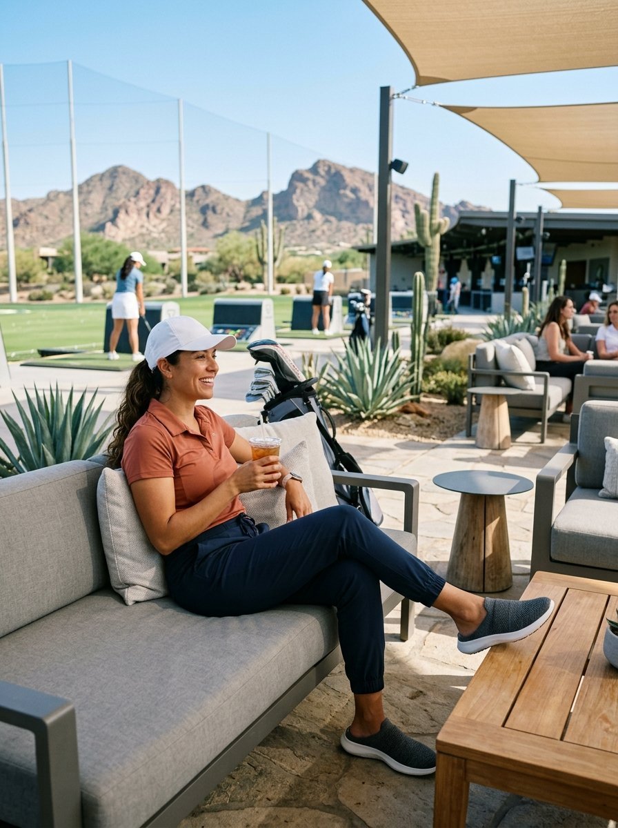 A woman in a white hat and orange polo relaxing on a grey patio couch at a desert golf range with mountains behind.