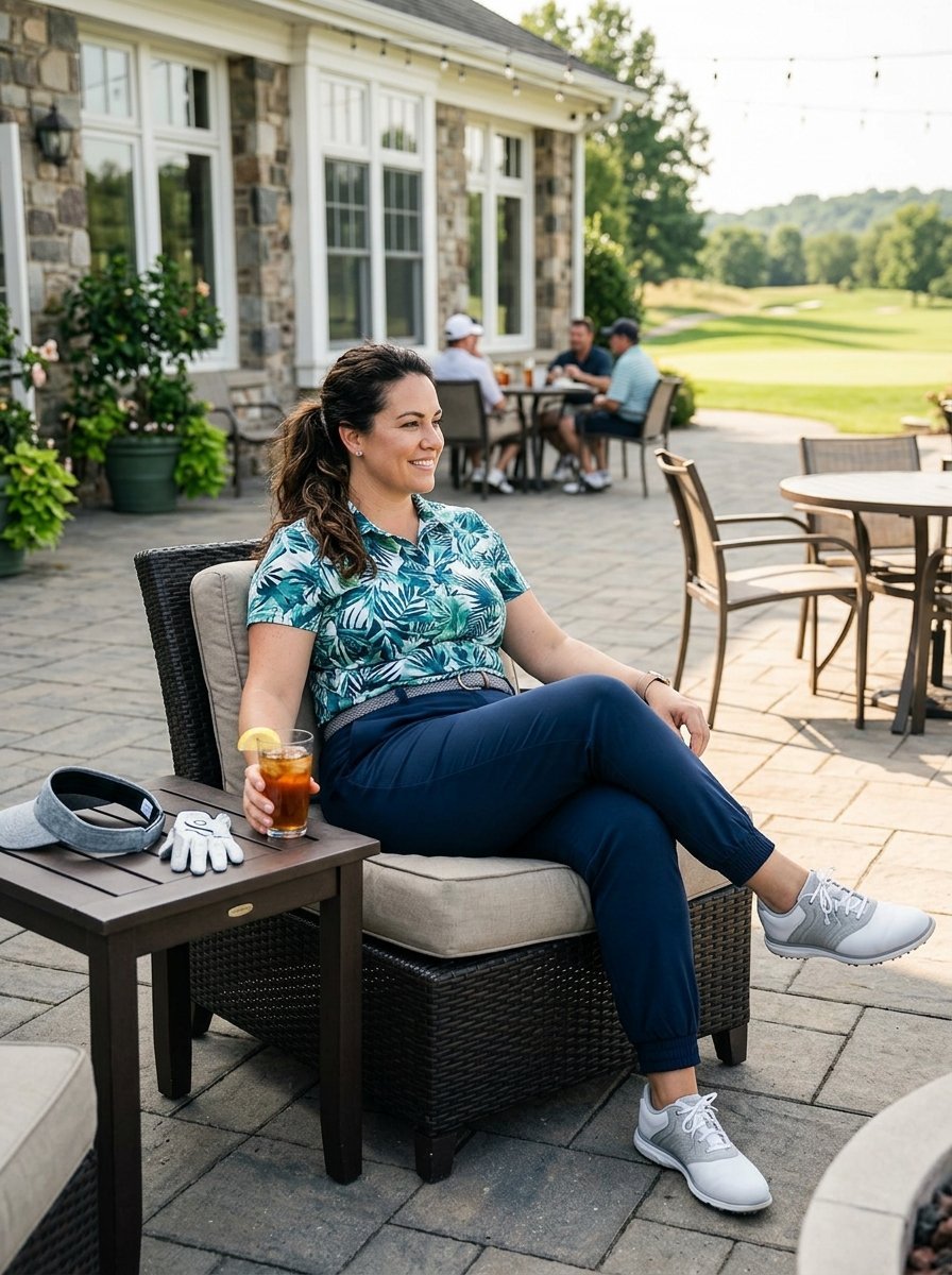A woman in a tropical print golf shirt sitting in a wicker chair on a stone patio with a drink.