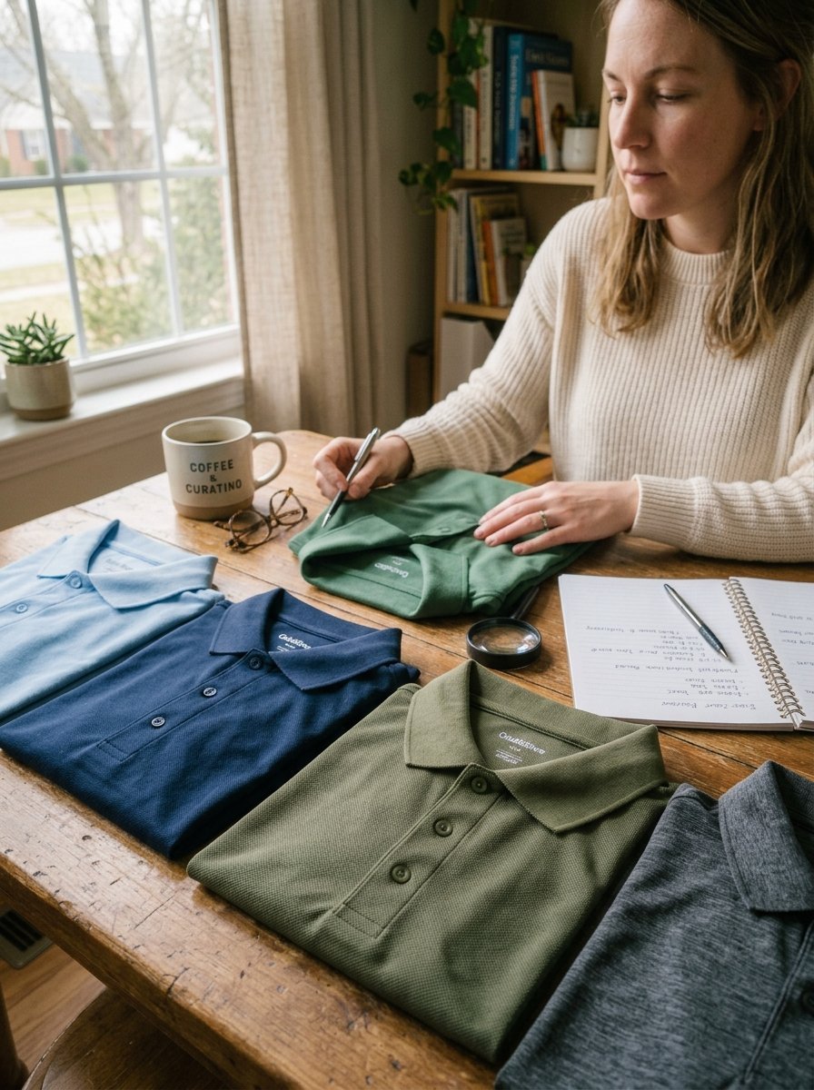 A woman sits at a wooden table reviewing various folded polo shirts next to a notebook and coffee mug.