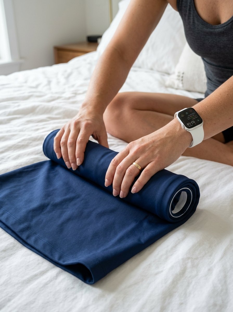 Close up of person with a white smartwatch rolling a dark blue piece of textile on a white duvet cover.