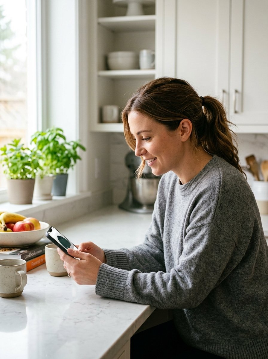 A woman in a grey sweater checks her phone while sitting at a kitchen counter with herbs and fruit.