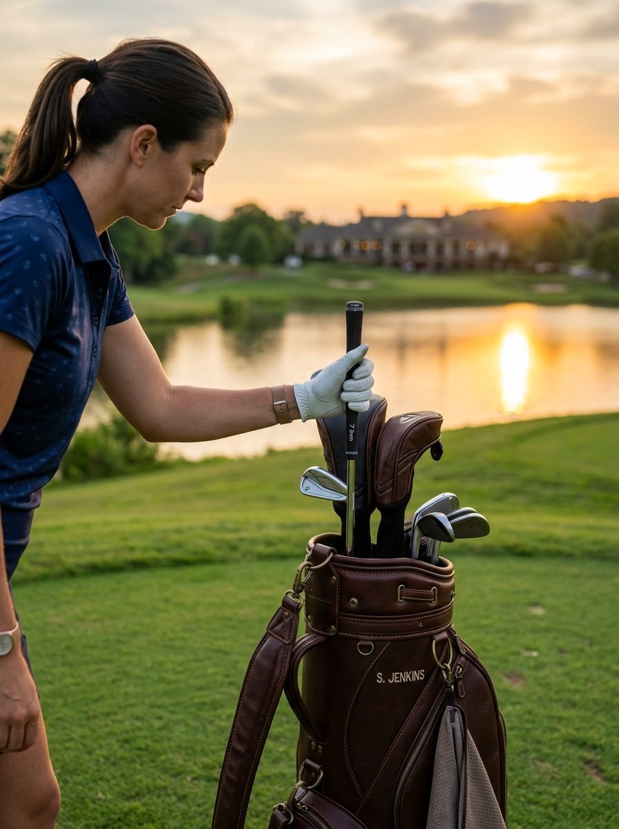 A woman reaches into a brown leather golf bag on a course overlooking a pond during a golden hour sunset.