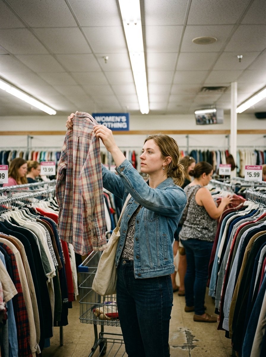 Woman in denim jacket holding up a patterned button-down shirt at a clothing store aisle.
