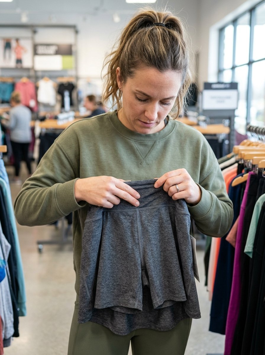 Customer in an olive green sweatshirt looking at grey exercise shorts on a clothing rack.