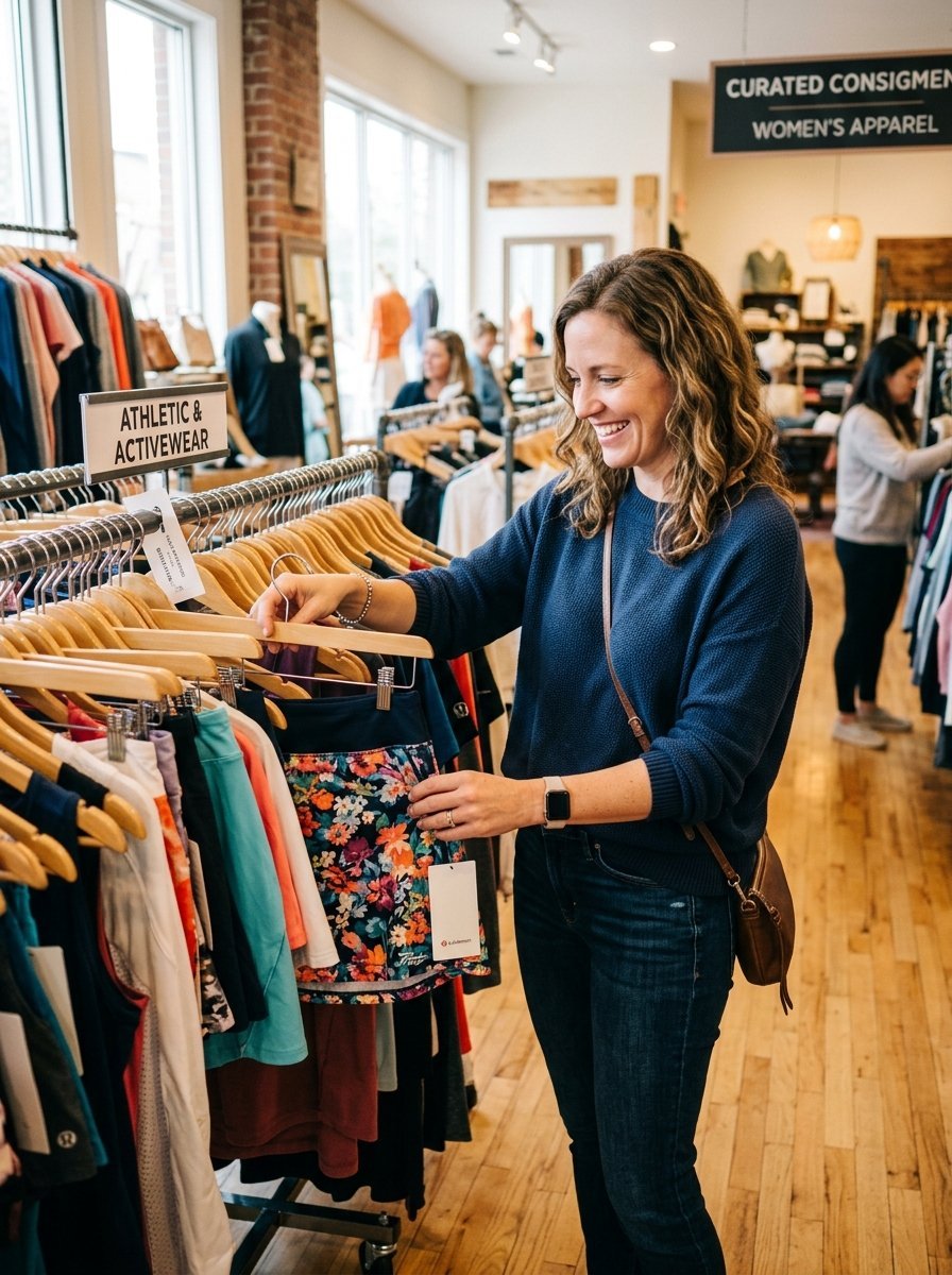 A smiling woman in a navy sweater browses a rack of athletic skirts in a bright consignment clothing store.