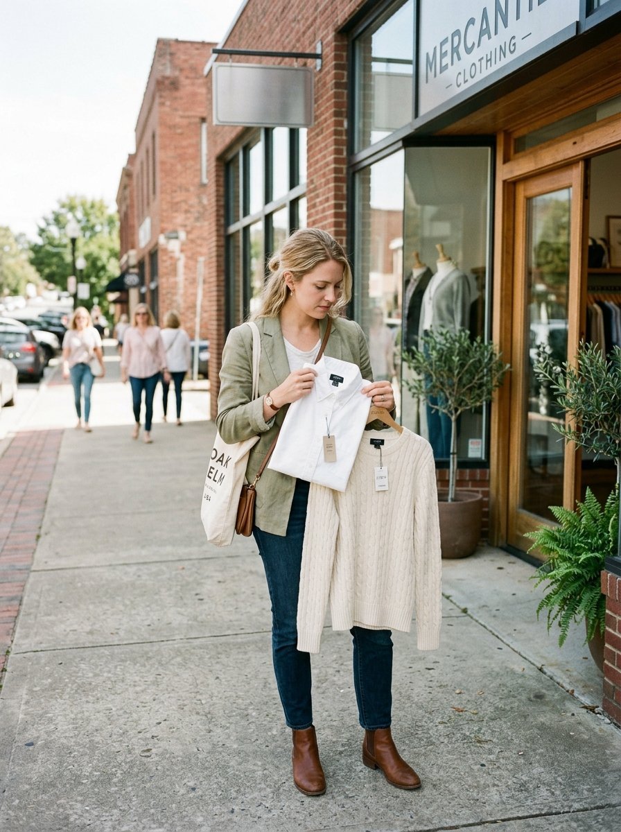 Blonde woman holding a white button-down shirt and cream cable-knit sweater outside a mercantile store.