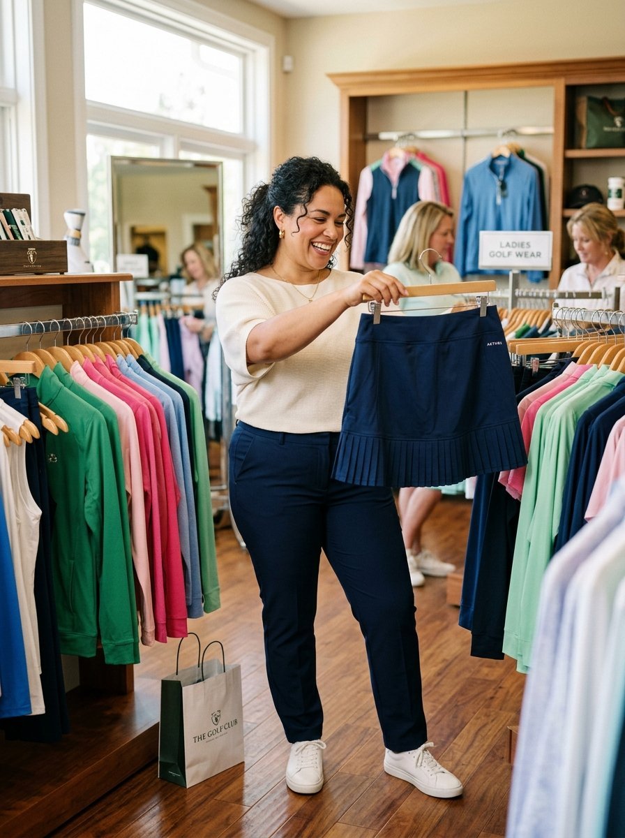 Smiling woman in a golf boutique holding up a navy blue pleated skirt while surrounded by racks of colorful apparel.