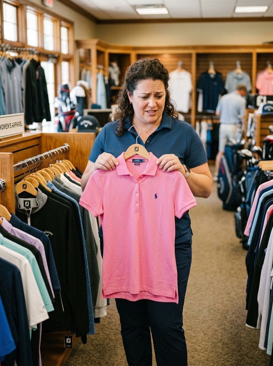 A woman stands in a clothing shop holding a pink collared shirt on a hanger while looking at it with a doubtful expression.