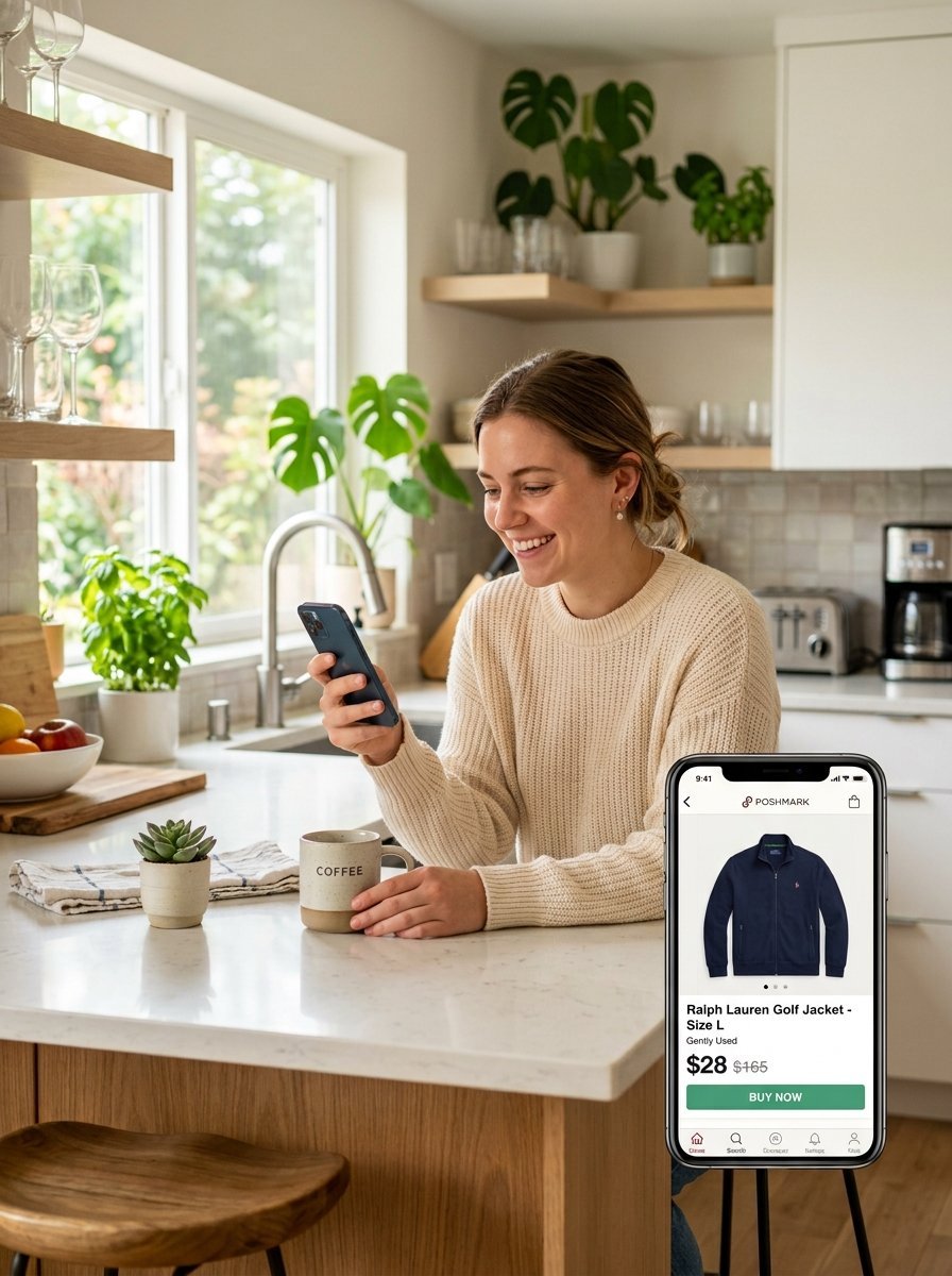 Woman wearing a beige sweater holding a smartphone displaying a Poshmark jacket listing while sitting at a kitchen island.