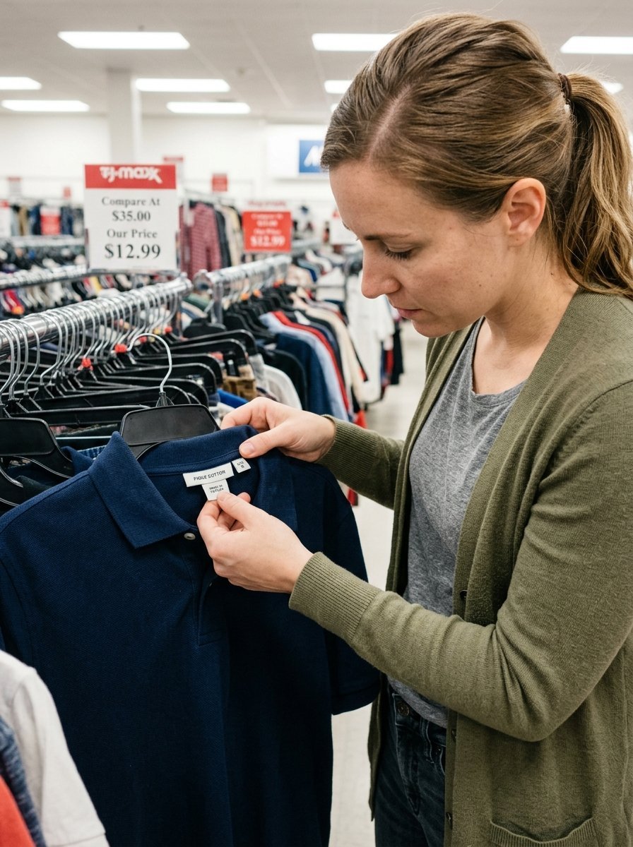 Woman in an olive cardigan examines the size tag of a navy blue polo shirt on a clothing rack at TJ Maxx.