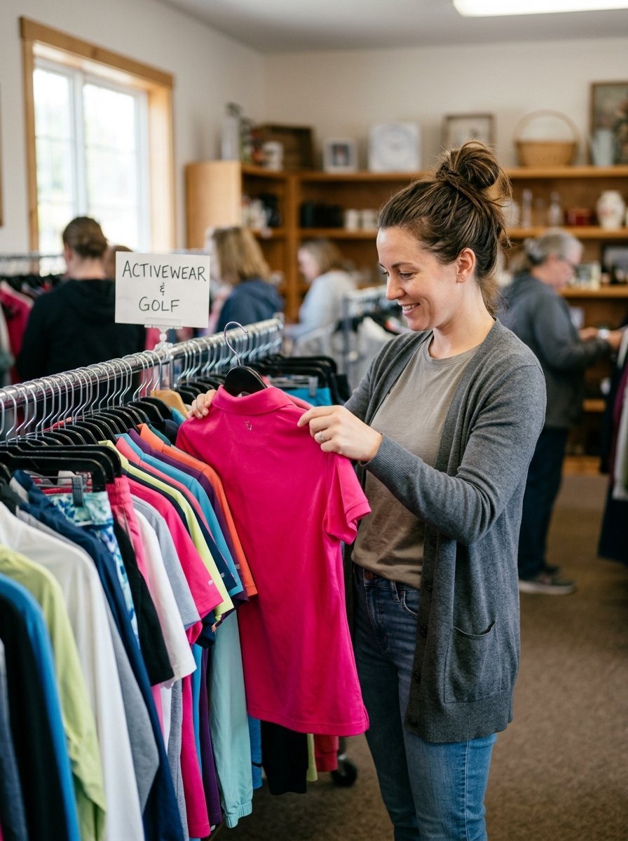 A smiling woman with her hair in a bun inspecting a hot pink polo shirt on a rack in a clothing store.