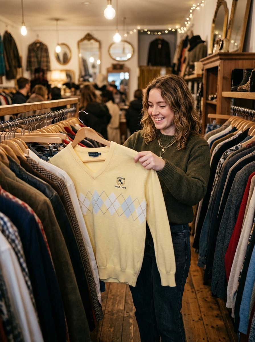 Young woman holding up a vintage yellow V-neck argyle sweater while shopping in a clothing store aisle.
