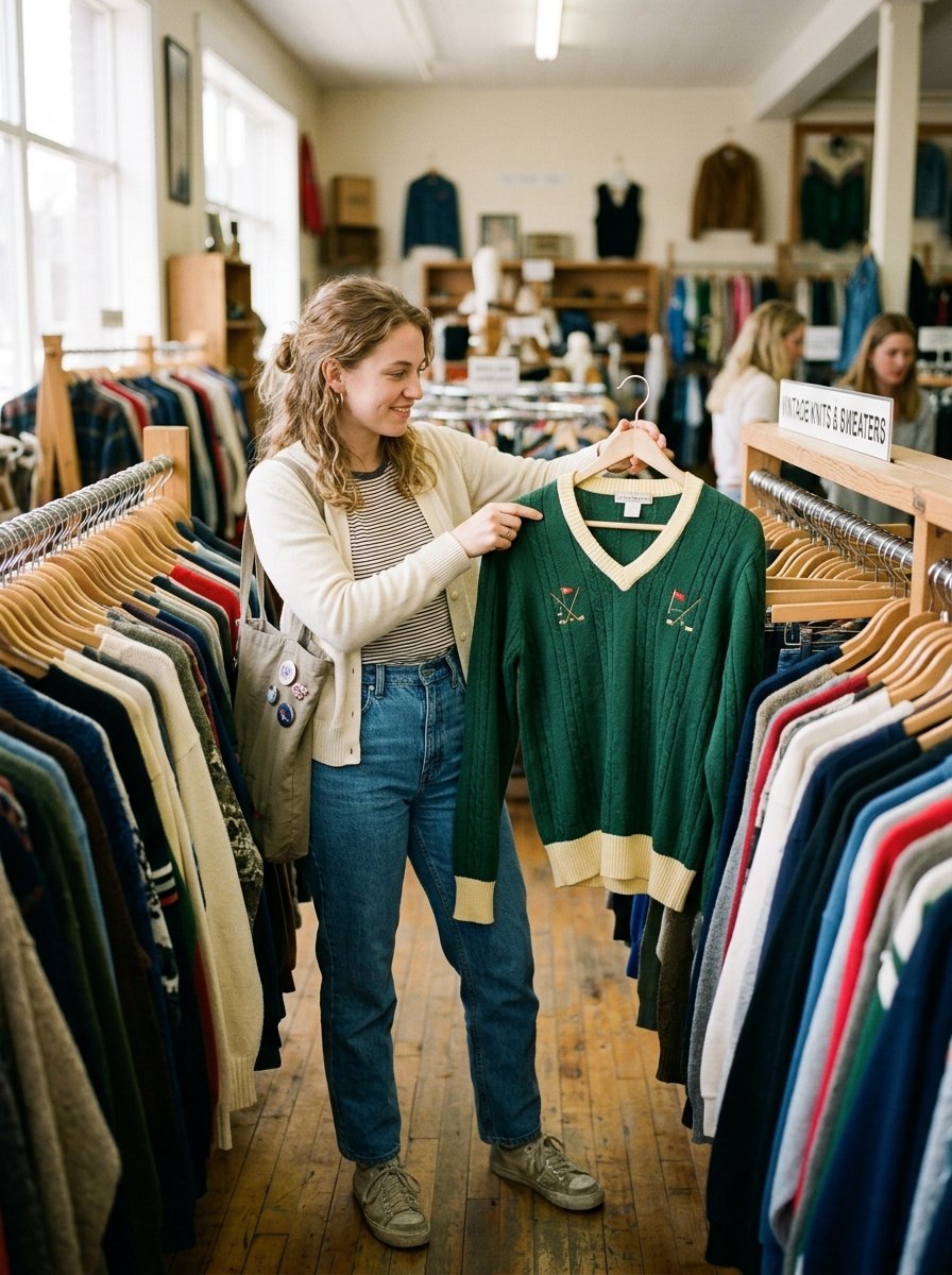 Shopper holding up a green V-neck sweater with golf embroidery inside a clothing store with racks of vintage apparel.