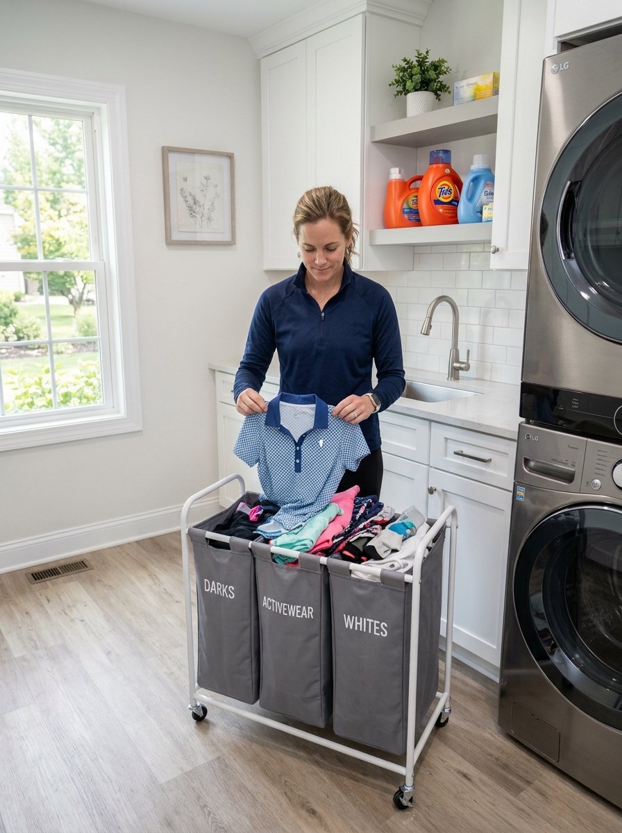 Woman holding a blue polo shirt while standing over a grey rolling laundry sorter with three divided sections.