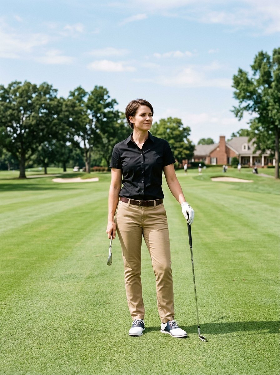 A woman in a black shirt and khaki pants holds golf clubs while standing on a lush green golf course.