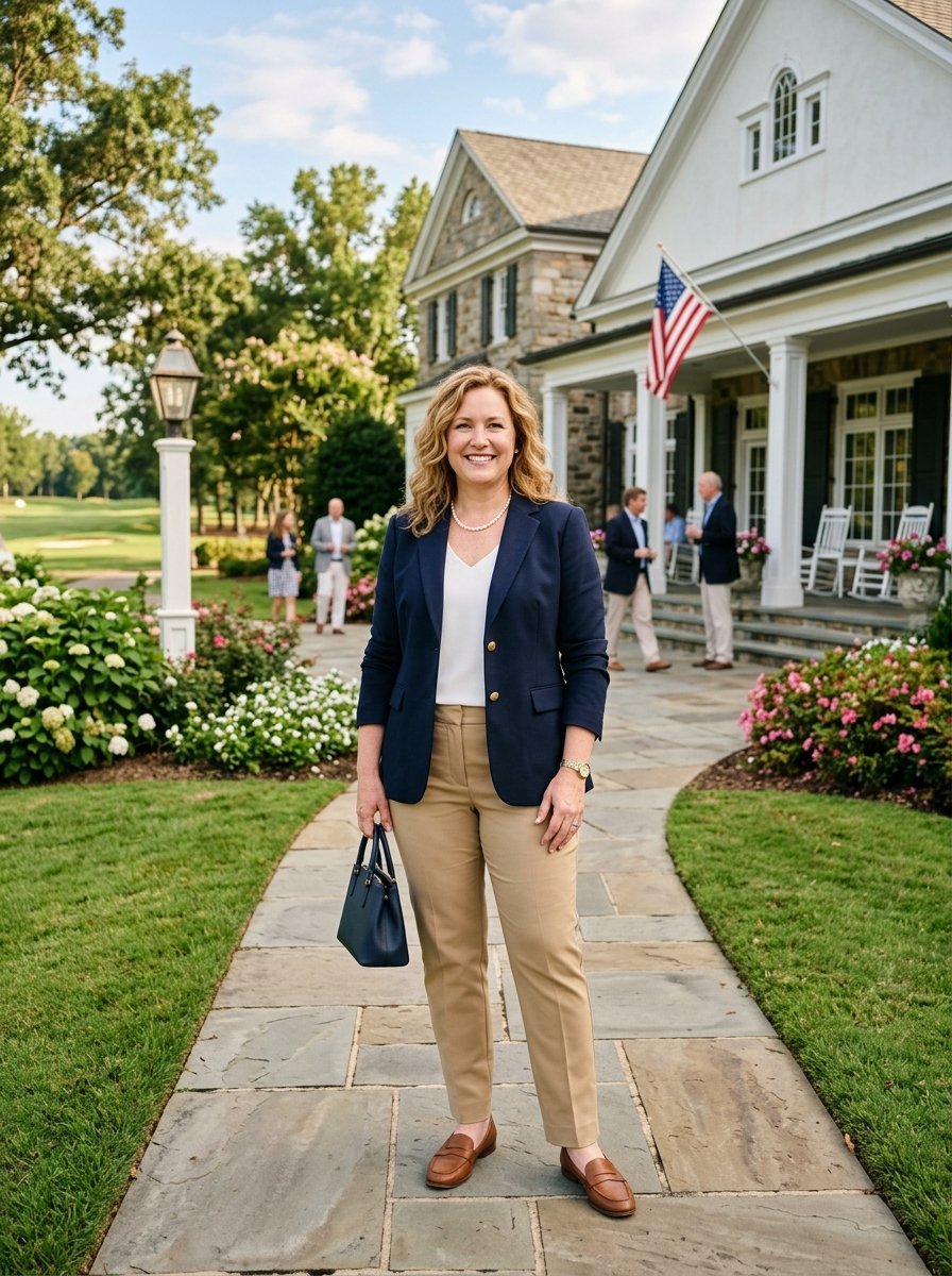 A blonde woman in a blazer and tan trousers poses on a stone walkway with a clubhouse in the background.
