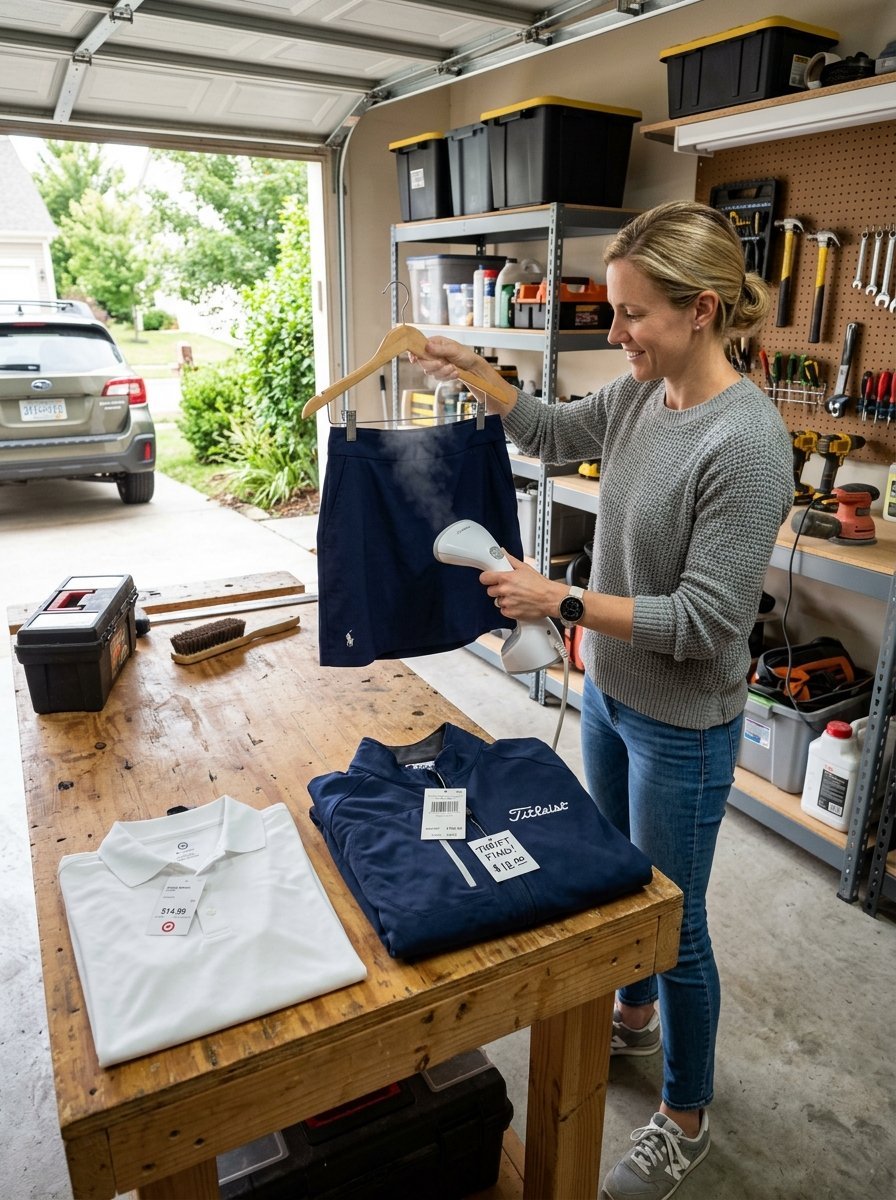 Smiling woman using a handheld steamer on a skirt hanging in a workshop with thrifted clothing on a workbench.