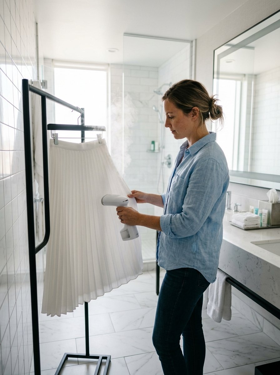 Woman in light blue shirt holding a garment steamer against a hanging white skirt in a bathroom.