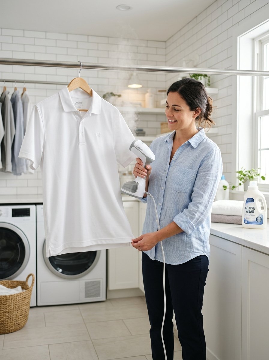 Smiling woman holding a garment steamer to remove wrinkles from a white polo shirt hanging in a laundry room.