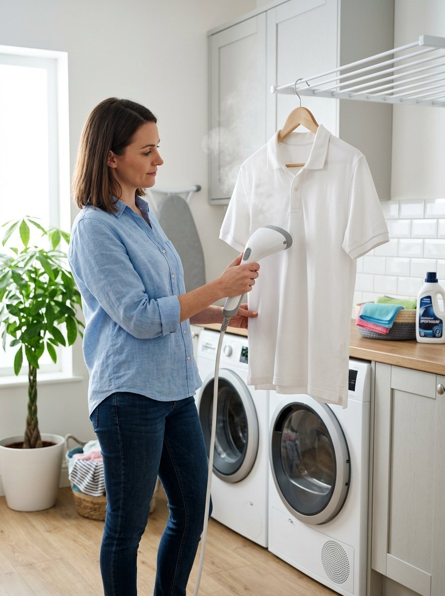A woman uses a handheld garment steamer on a white shirt hanging in a modern laundry room.