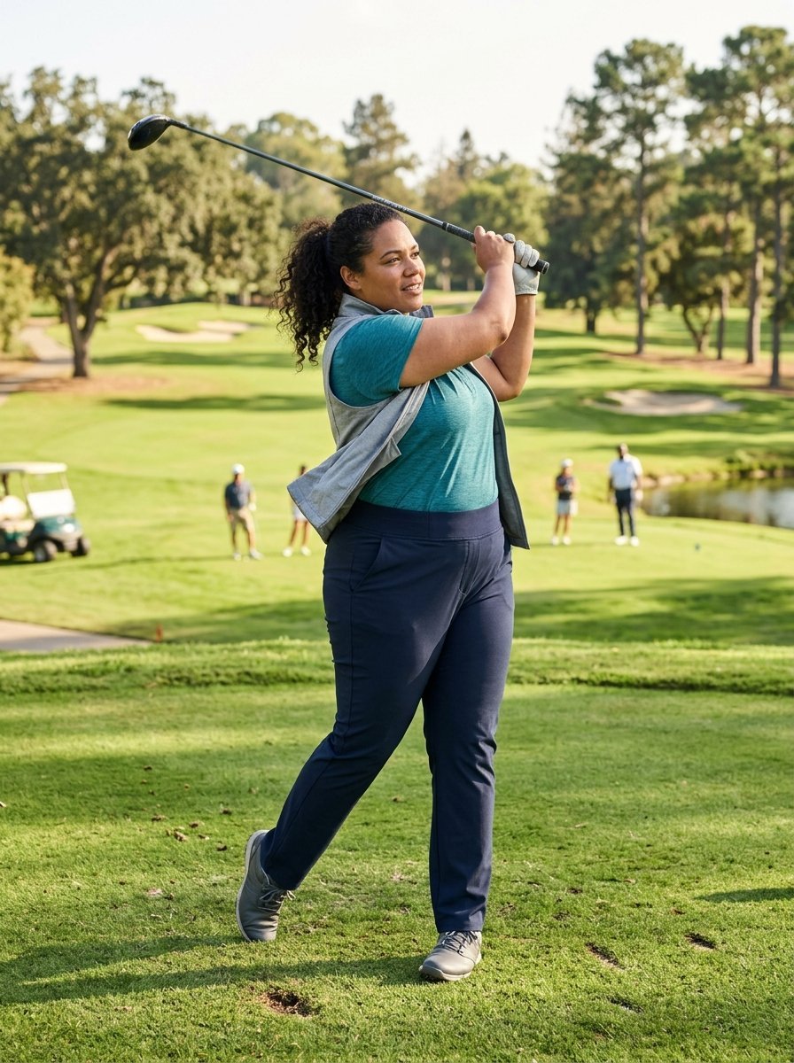 A woman wearing a grey vest and navy pants swings a golf club on a lush green golf course.