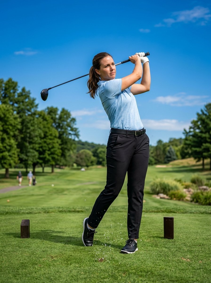 A woman in a light blue polo shirt completes a golf swing on a green course under a clear blue sky.