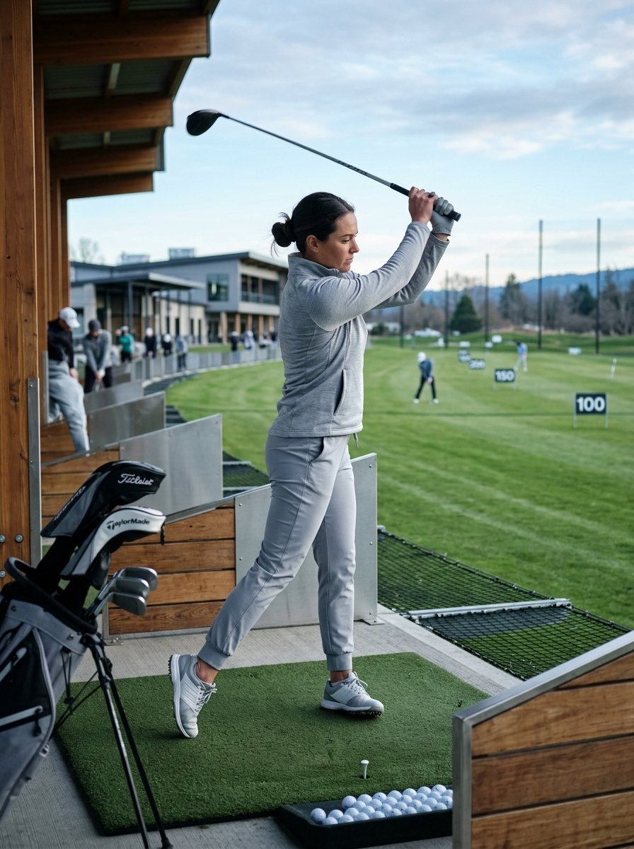 A woman in grey athletic wear swings a driver on a green artificial turf mat at a golf practice facility.