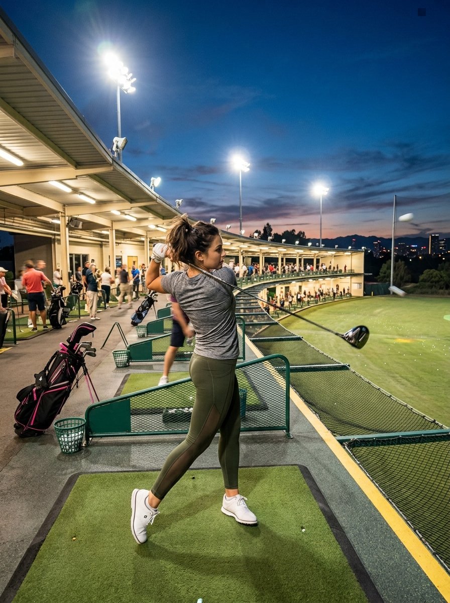 Young female golfer in grey shirt and olive leggings following through a drive at a night-lit driving range facility.
