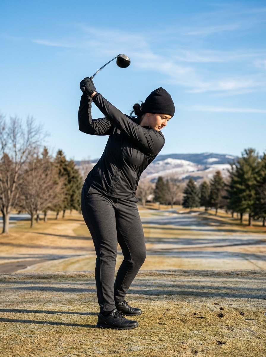 A woman in a black beanie and jacket practicing her golf swing on a frost-covered course.
