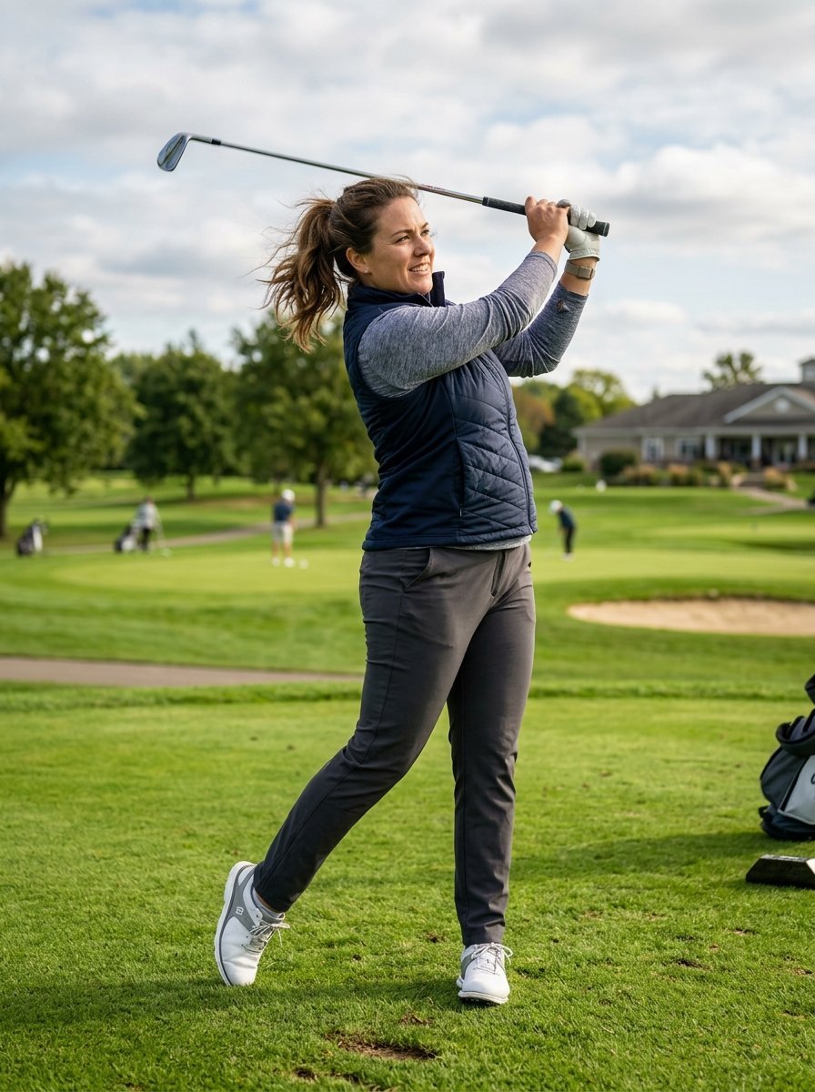 Female golfer wearing a navy blue quilted vest finishing her swing on a sunny golf course.