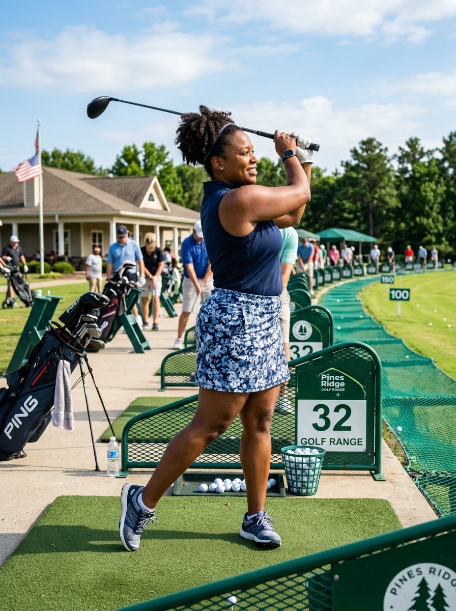 A Black woman in a floral skirt practices her golf swing at a driving range with distance markers.